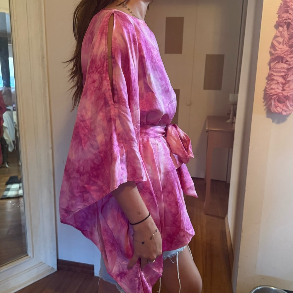 Michael Kors 100% SILK Short Kimono Resort Cover-Up Pink Tie Dye